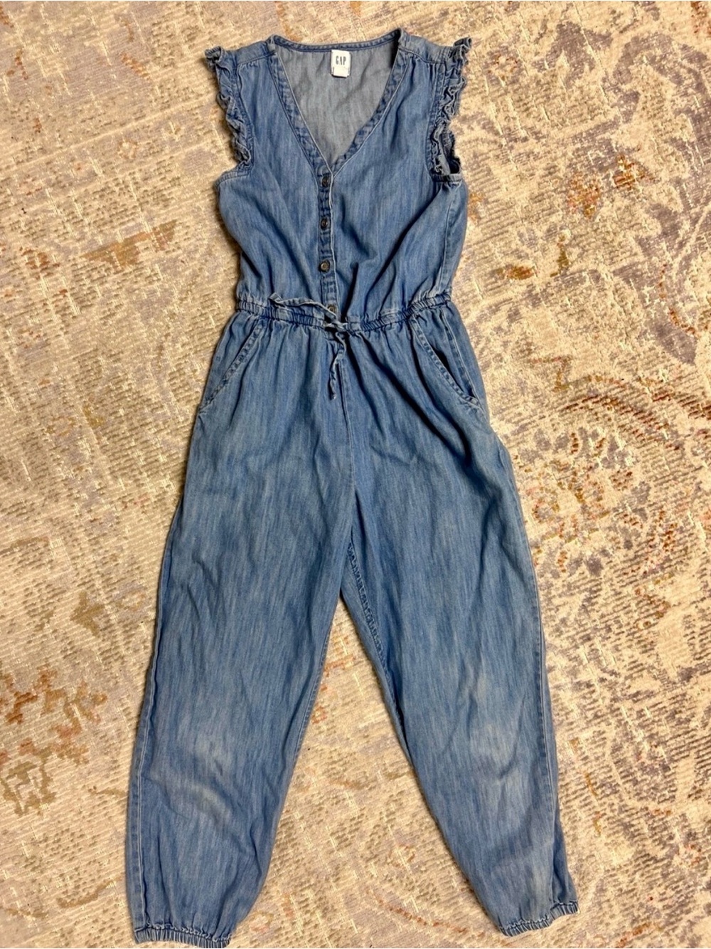GAP Light Denim Sleeveless Button-Front Jumpsuit